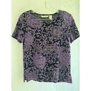 French Laundry Purple Short Sleeve Floral Stretch Blouse Top Size Small